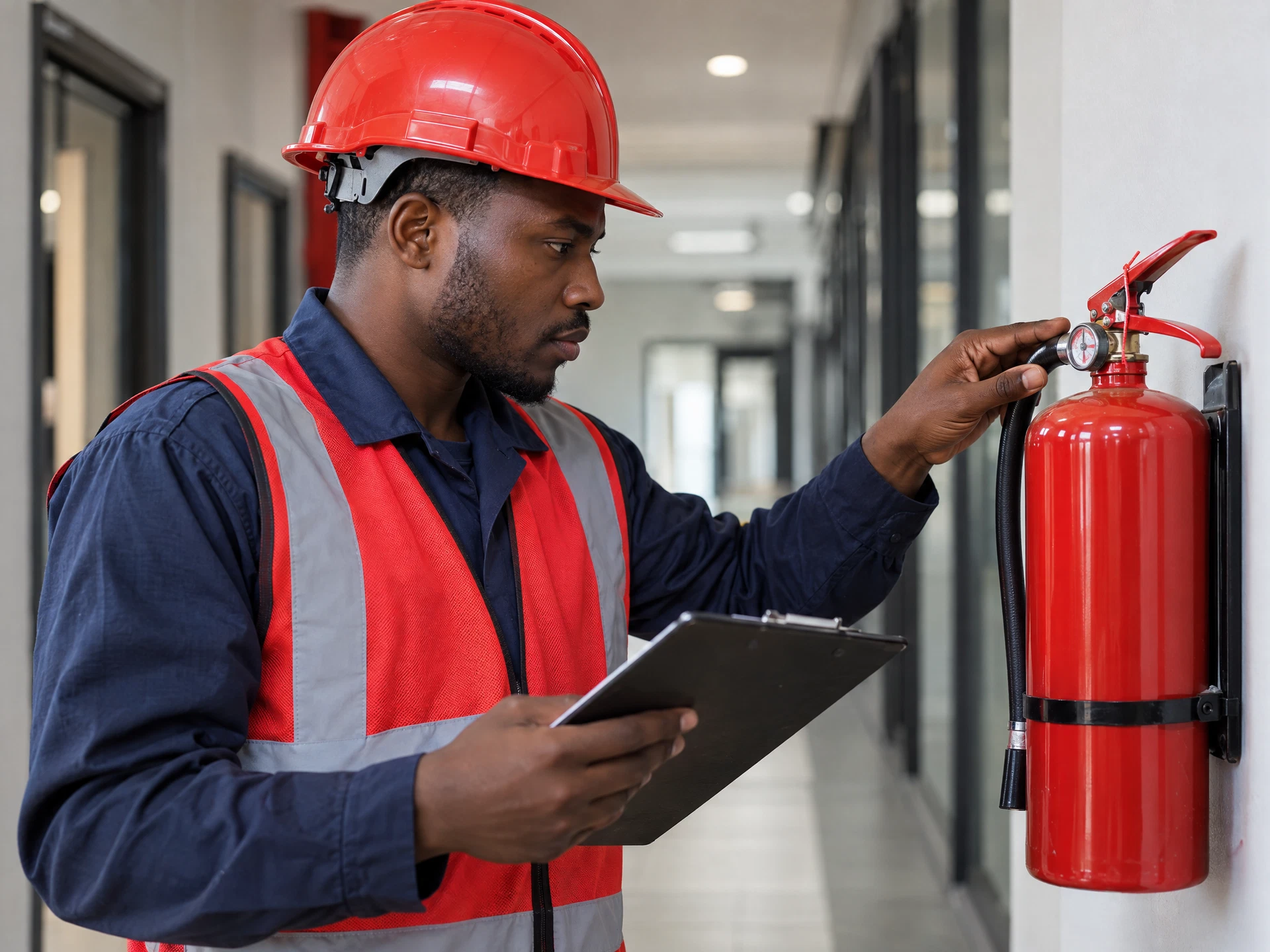 Técnico negro a verificar um extintor num edifício comercial